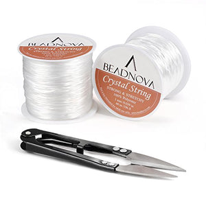 BEADNOVA 1mm Elastic Stretch Polyester Jewelry Bracelet Crystal String Cord 60m Roll (2 Roll String with Sewing Fishing Scissors Snips Beading Thread Cutter Embroidery Nippers)