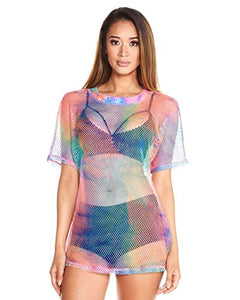 iHeartRaves Rainbow Tie Dye Sheer Fishnet See Through Loose Fitting Tee Shirt (Medium)