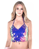 iHeartRaves Purple Party Monster Sequin Halter Crop Top Shirt (Small)