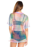 iHeartRaves Rainbow Tie Dye Sheer Fishnet See Through Loose Fitting Tee Shirt (Medium)